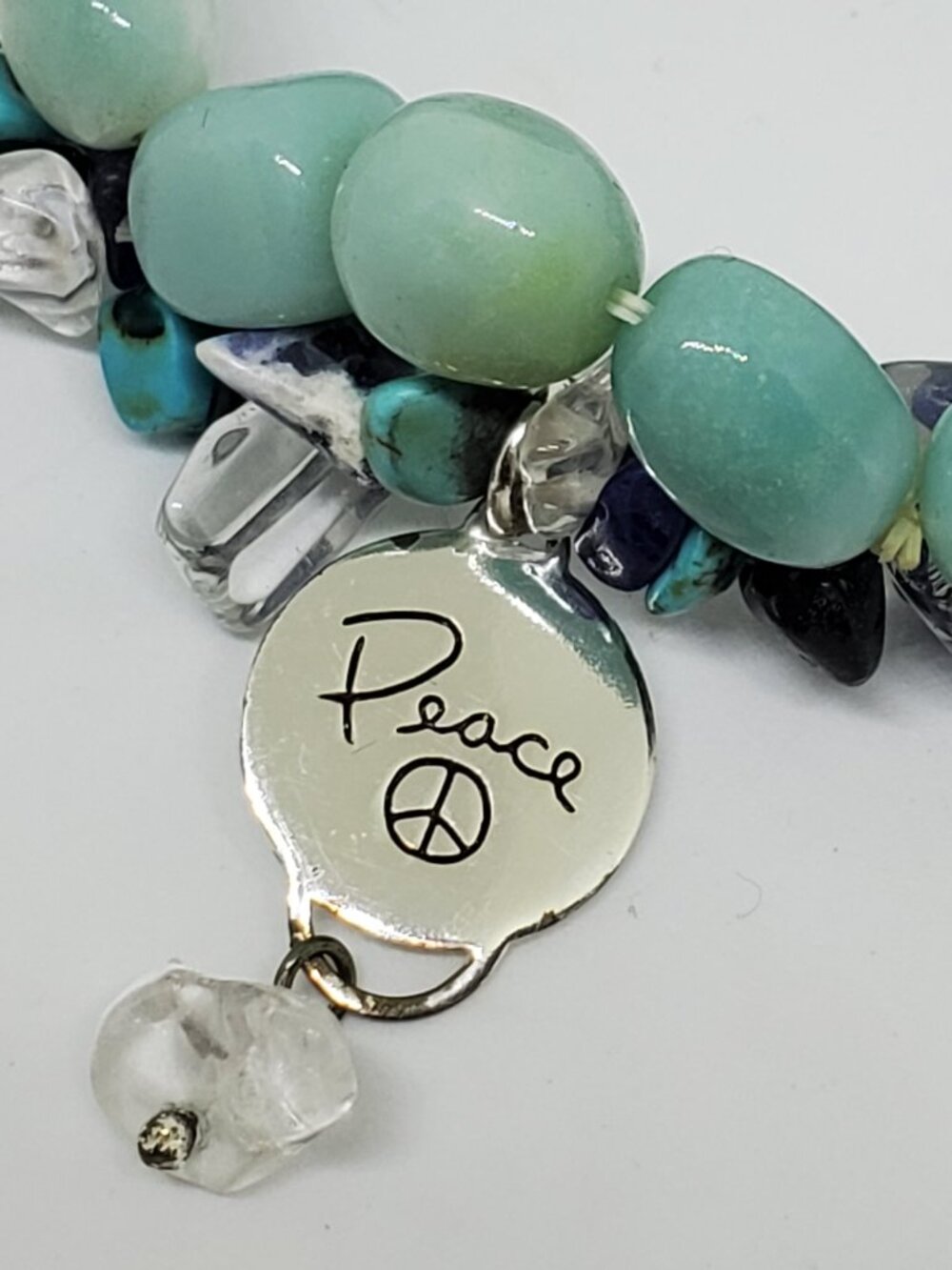 Sterling Silver PEACE Charm and Natural Blue Stones Stretch Bracelet Hippie Boho